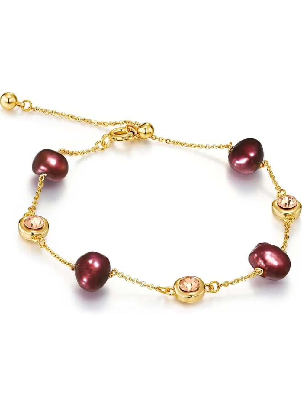 NEW 18k Gold Plated Chain Bracelet with Burgundy Pearls and Champagne Crystal.